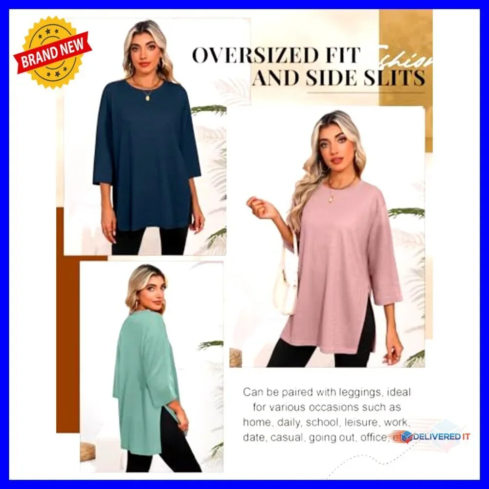 Oversized Waffle Knit Tops 3/4 Sleeve Loose Fit Casual Blouses 3 Pack - Picture 3 of 6